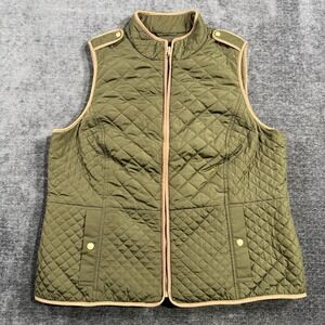 Talbots Olive Green Quilted Puffer Vest‎ Faux Leather Trim Women's Size 1X